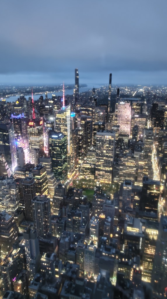 Panorama notturno verso nord di giorno dalla cima dell'Empire State Building, New York, USA