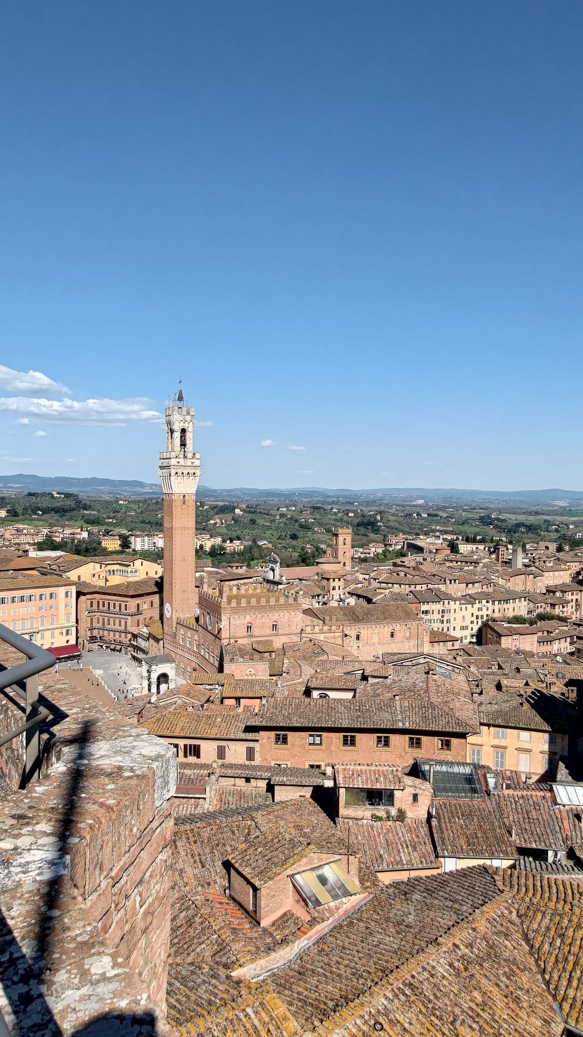 Siena vista dall'alto, in particolare si vede una parte di Piazza del Campo con la Torre del Mangia che svetta tra i tetti cittadini