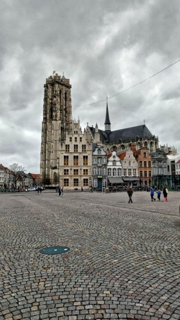 La Grote Markt di Mechelen con la Cattedrale di San Rambaldo e la sua torre sullo sfondo