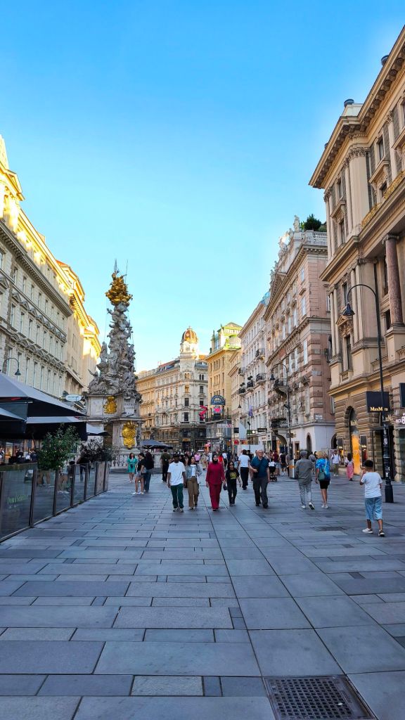 La via pedonale del Graben con la Colonna della Peste nel centro di Vienna, Austria